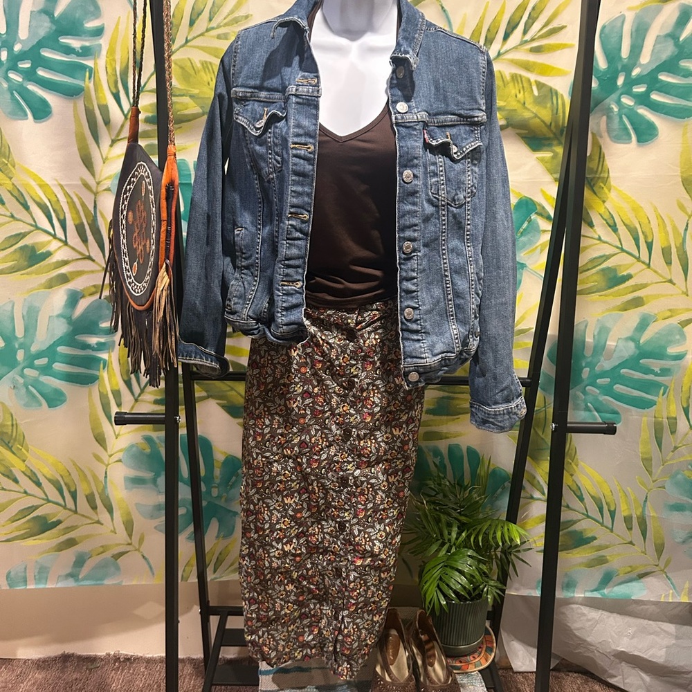 Levi's Blue Denim Jacket with Floral Midi Skirt